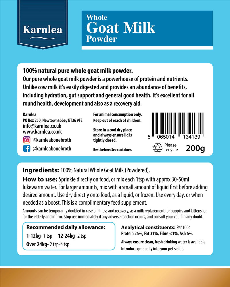 Whole Goat Milk Powder for Dogs & Cats | Digestive Health | Gentle on Digestion | Healthy Protein and Fats & Nutrients | Dog Milk | Cat Milk | 200g Goat Milk 200g
