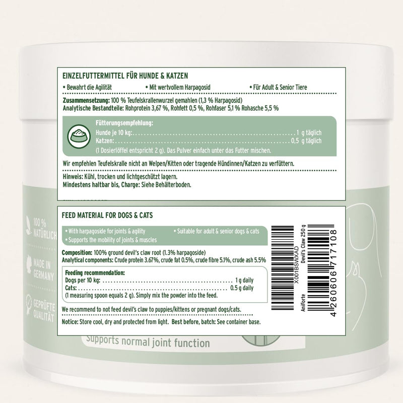 AniForte Devil's Claw Joint Powder for Dogs & Cats 250g - Devil's Claw Powder for Supporting Tendons & Ligaments, Mobility & Joint Function 250 g