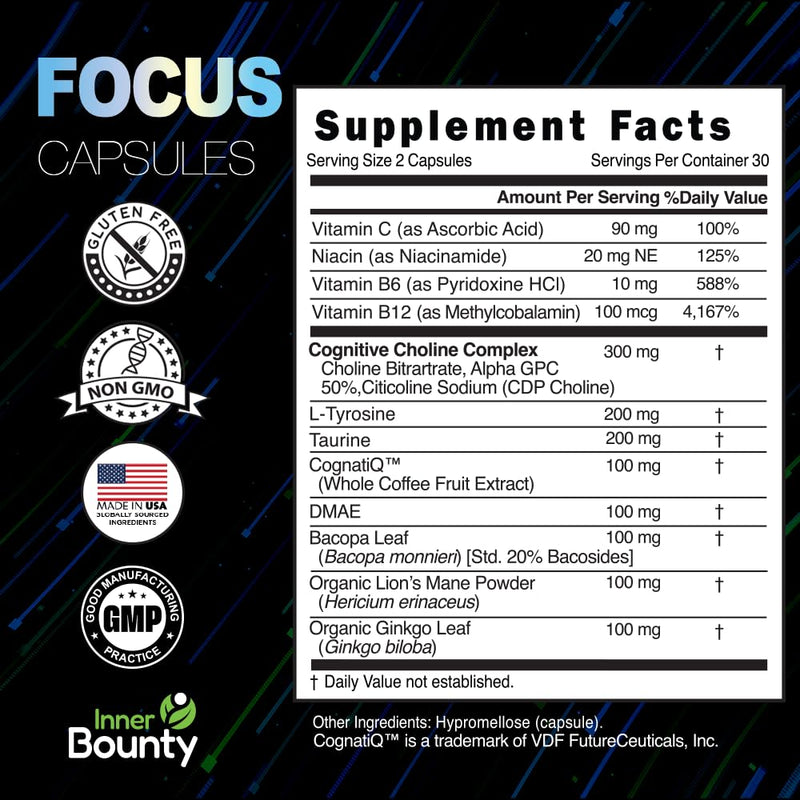 Focus 14-in-1 Nootropic Brain Supplement with Lions Mane, Alpha GPC Choline, Vitamin C & B12, Taurine, Bacopa - Energy, Cognitive, Memory Support, 60 Filler Free Capsules