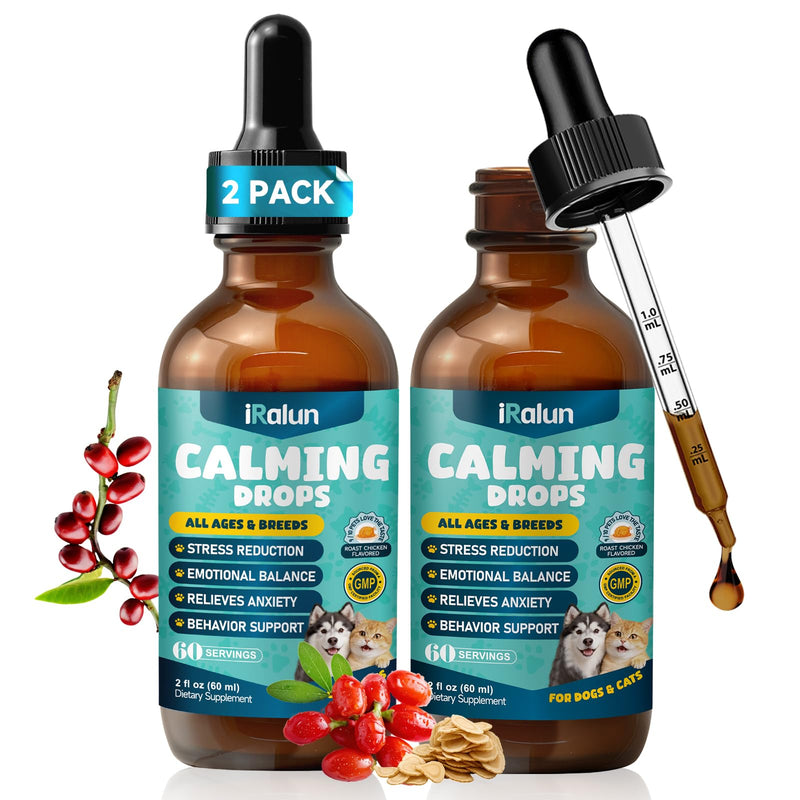 2 Pack Calming Drops for Dogs & Cats - Cat Calming Drops for Stress & Anxiety Relief with Schisandra, Dogs Calming for Travel, Vet Visits, Separation Anxiety, Storms, Fireworks - Chicken Flavor