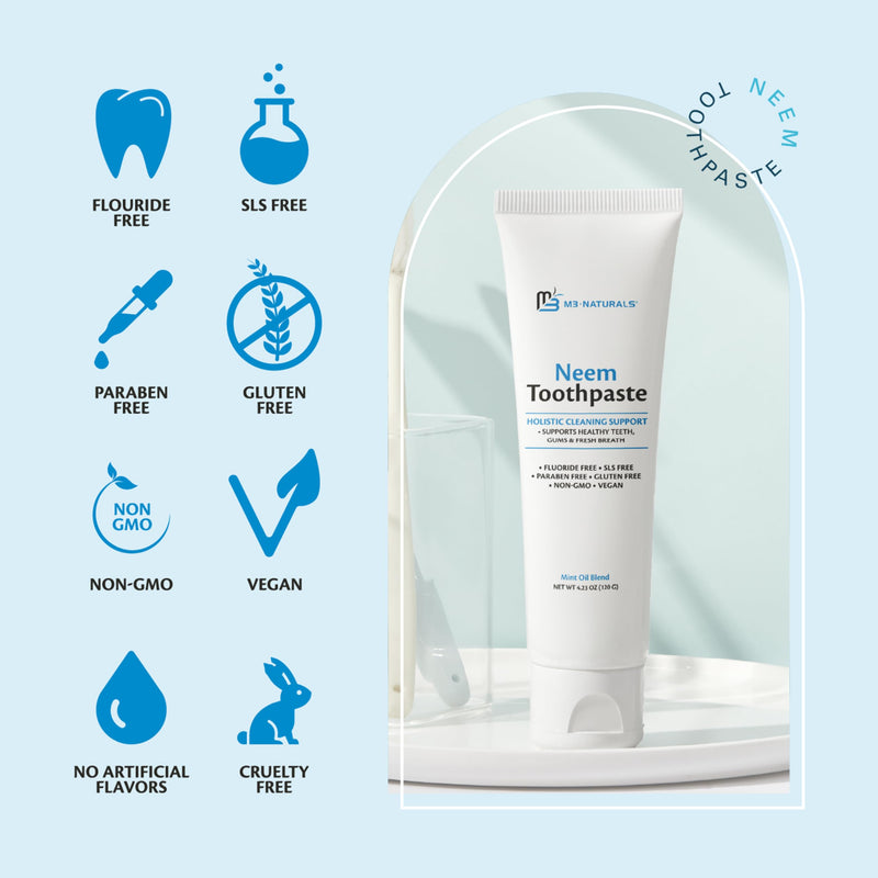 Fluoride-Free Neem Toothpaste with Mint for Adults & Kids with Sensitivity | Vegan, Gluten & SLS Free Herbal Formula for Sensitive Teeth, Healthy Gums and Fresh Breath, 4.23 oz (120 g) Pack of 2 by M3 Neem 2 Pack 4.23 Ounce (Pack of 2)