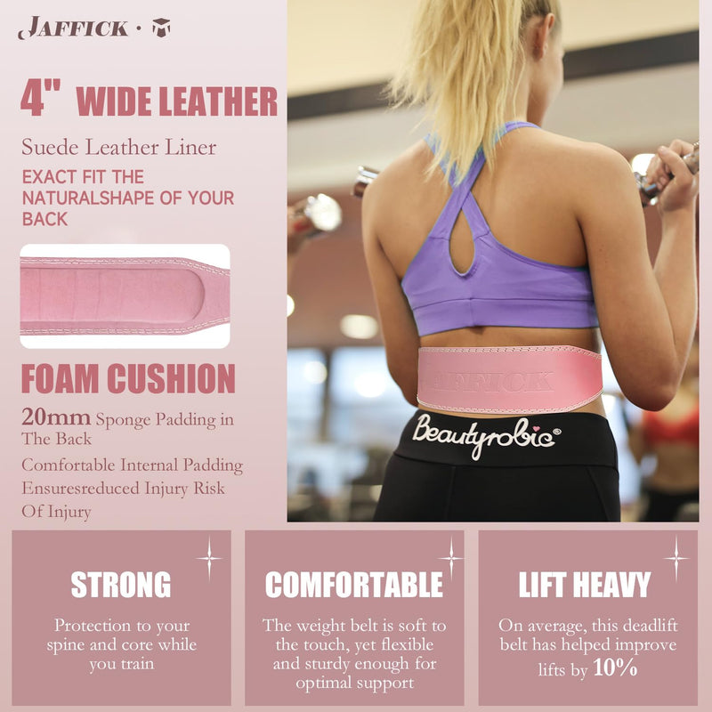Jaffick Weight Lifting Belt For Ladies Leather Gym Belts Lower Waist Back Support For Women Men Fitness Squat Deadlift Heavy Duty Cross Training Gym Powerlifting Workout Pink-4" wide M