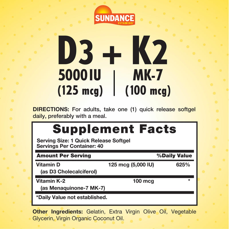 Sundance Vitamin D3 K2 | 40 Quick Release Softgels | 5000 IU | Non-GMO and Gluten Free Supplement