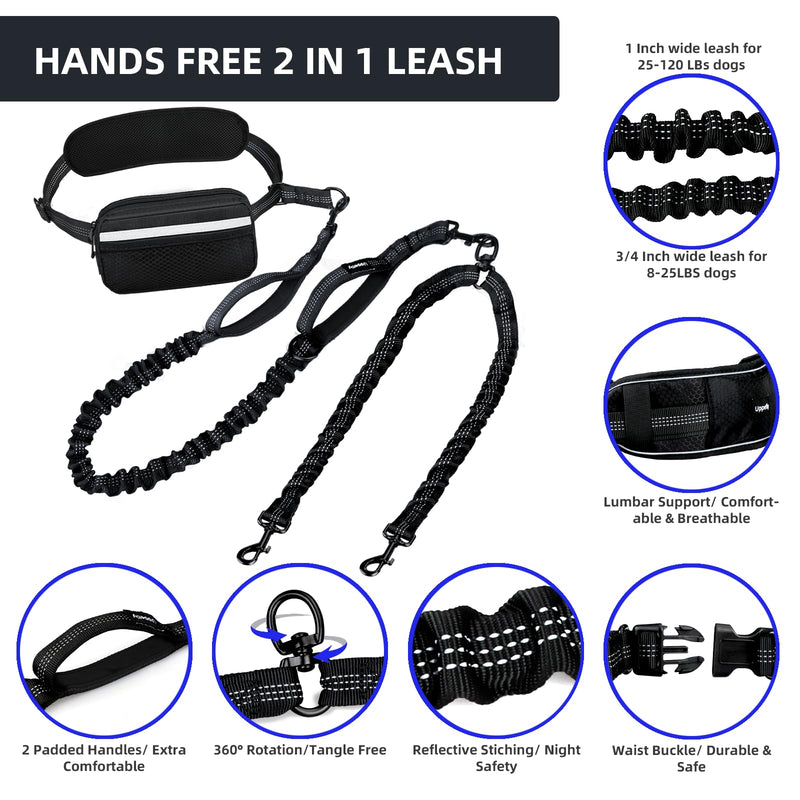 Uppetly Hands Free Double Dog Leash with Pouch, Dual Leash for 2 Dogs with Reflective Padded Handles, Durable Bungee and Lumbar Waist Belt for Walking, Jogging and Running (Medium/Large, 25-120 lbs) Black Medium/Large - BeesActive Australia