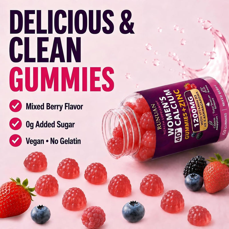 3PACK 1200mg Calcium Gummies for Women 40+ with Magnesium Zinc D3 K2 B12 B6 | Calcium Citrate Chews Gummy with High Absorption For Bone, Teeth, Muscle, Energy Immune Support, Vegan, Sugar Free, 180 Count 60 Count (Pack of 3)