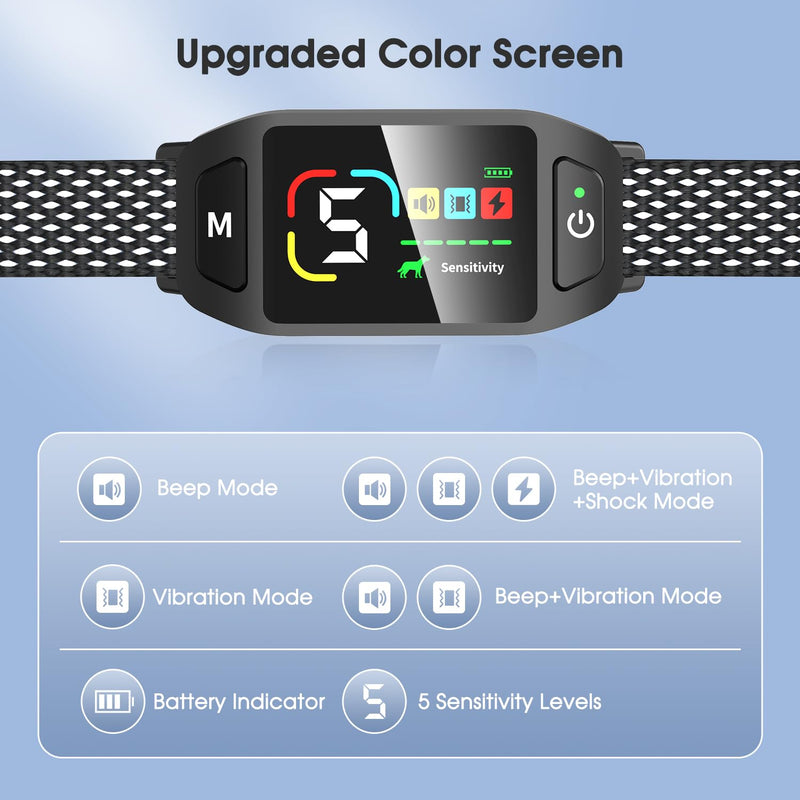 Bark Collar Rechargeable, Color LCD Screen Dog Bark Collar with 4 Modes and 5 Level Sensitivity, IP67 Waterproof Barking Collar for Large Medium Small Dogs, Solid Black - BeesActive Australia