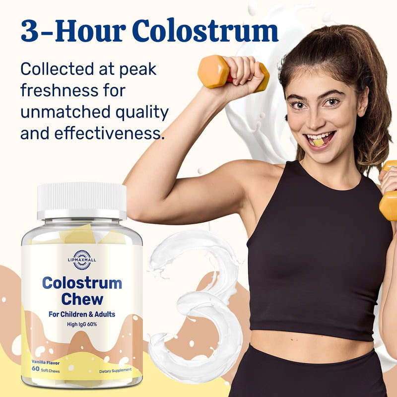 Bovine Colostrum Chews Supplement with 60% IgG for Humans Women Men Kids- for Immune, Gut, Bone, Joint, Cognitive, Overall Growth, from Grass-Fed Cows & Vanilla Flavor, 60 Soft Chews 60 Count (Pack of 1)