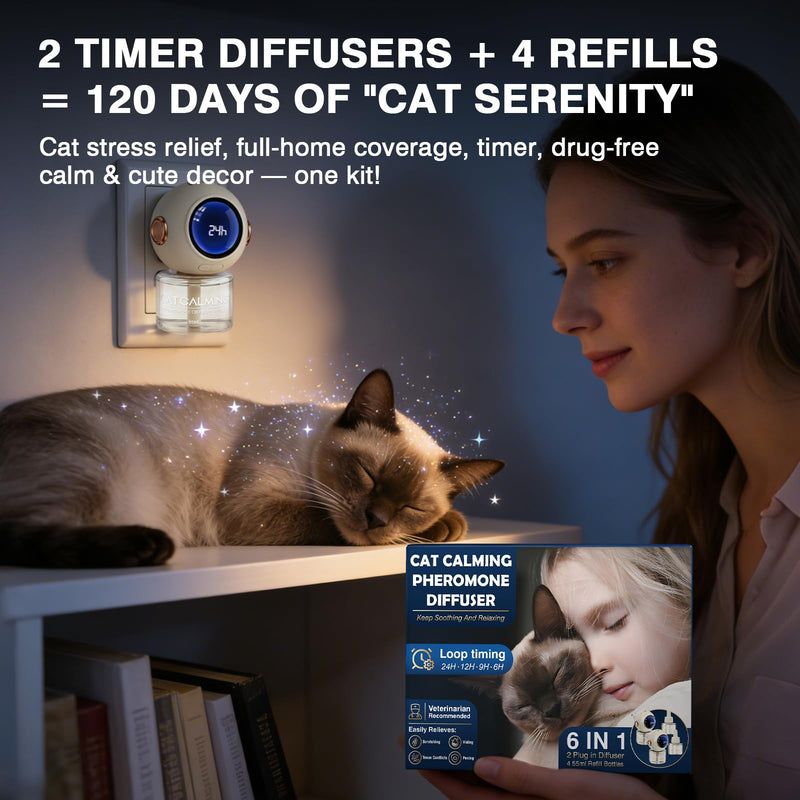 6 in 1 with Timing Function Cat Calming Diffuser Multicat Calming Pheromones Diffusers 60 Days Calm Relaxing Pheromone for Cats kit 48ml Relief Stress Anxiety Fighting Scratching 2 diffuser,4 refill
