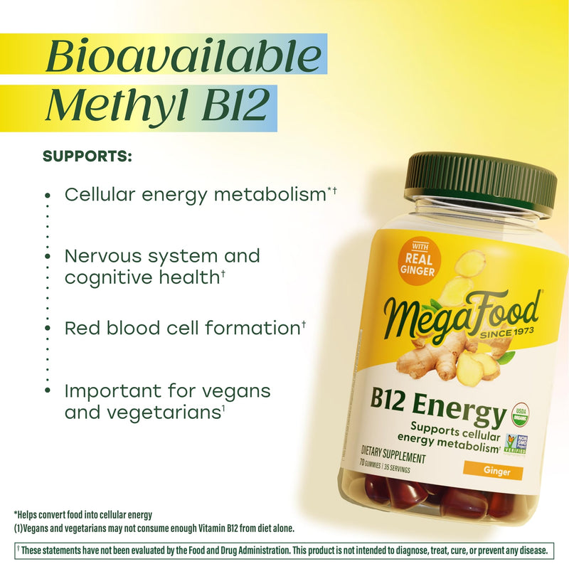 MegaFood Vitamin B12 Energy Gummies, USDA Organic, Ginger, 70 Gummies | With Methylated B12, Supports Cellular Energy, Brain & Nervous System Health, For Kids, Teens & Adults, Vegan, 35 Servings