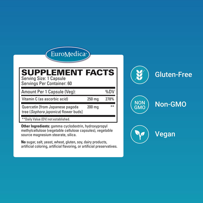 EuroMedica Quercetin Plus Vitamin C - Immune & Histamine - 60 Count | Immune Function and Histamine Response Support. 60 capsules.