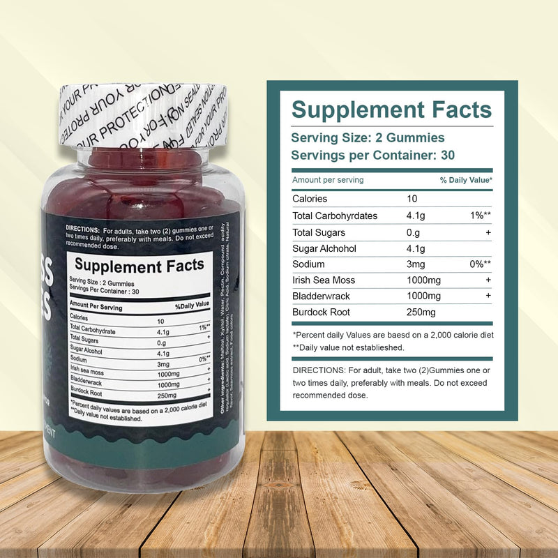 Premium Sea Moss Gummies, Irish Sea Moss Supplement with Bladderwrack and Burdock Root, Vegan Support Detox Gummies, Plant-Based Wellness, for Gut Health, Superfood 60ct