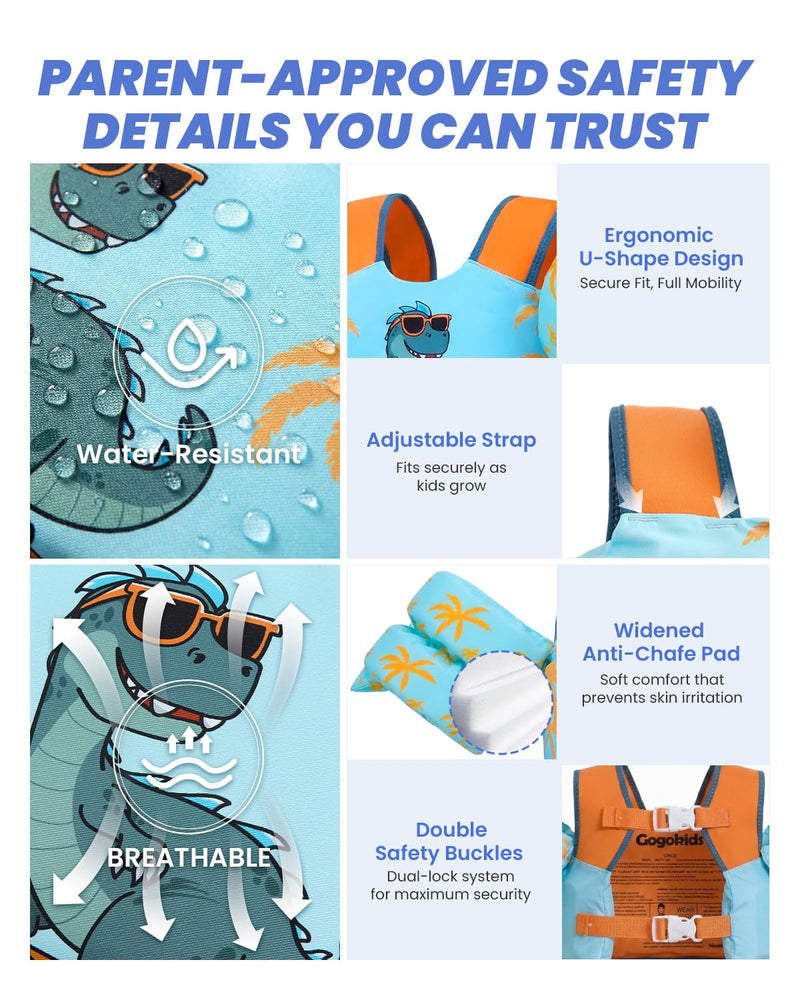 Gogokids 2-in-1 Toddler Swim Vest Pool Floaties for Kids[CPC Certified & Remove Crotch Strap]Puddle Float Jumper 24-66 Pounds, Toddler Arm Floaties Swim Jacket Water Wings for kids Boys Girls Swimmies G-Light Blue Dinosaur