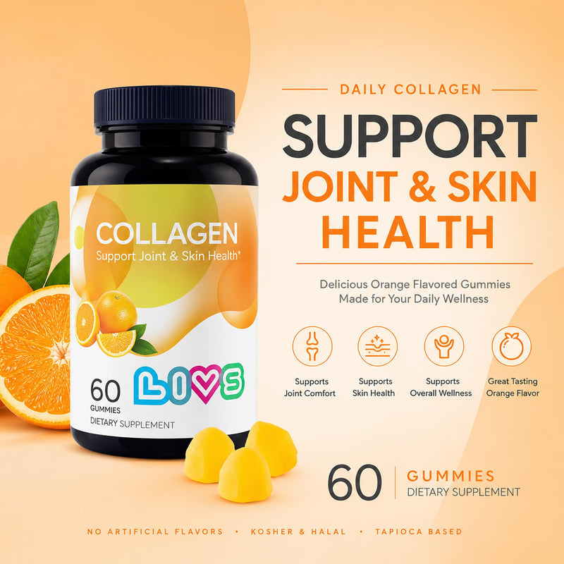 LIVS Collagen Gummies – Supports Skin, Hair, Nails & Joint Health | Hydrolyzed Collagen Supplement for Women & Men | Natural Orange Flavor | Gluten Free & Non-GMO | 120 Gummies/60 Servings 60 Count (Pack of 2)