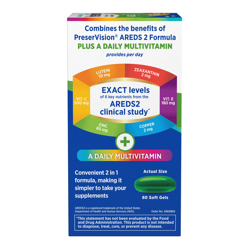 PreserVision AREDS 2 + Multivitamin,#1 Eye Doctor Recommended Brand,2-in-1 Eye Vitamin with Lutein,Zeaxanthin,Zinc,and Vitamin C,D & E,80 Softgels,(Pack of 2) 80 Count (Pack of 2)