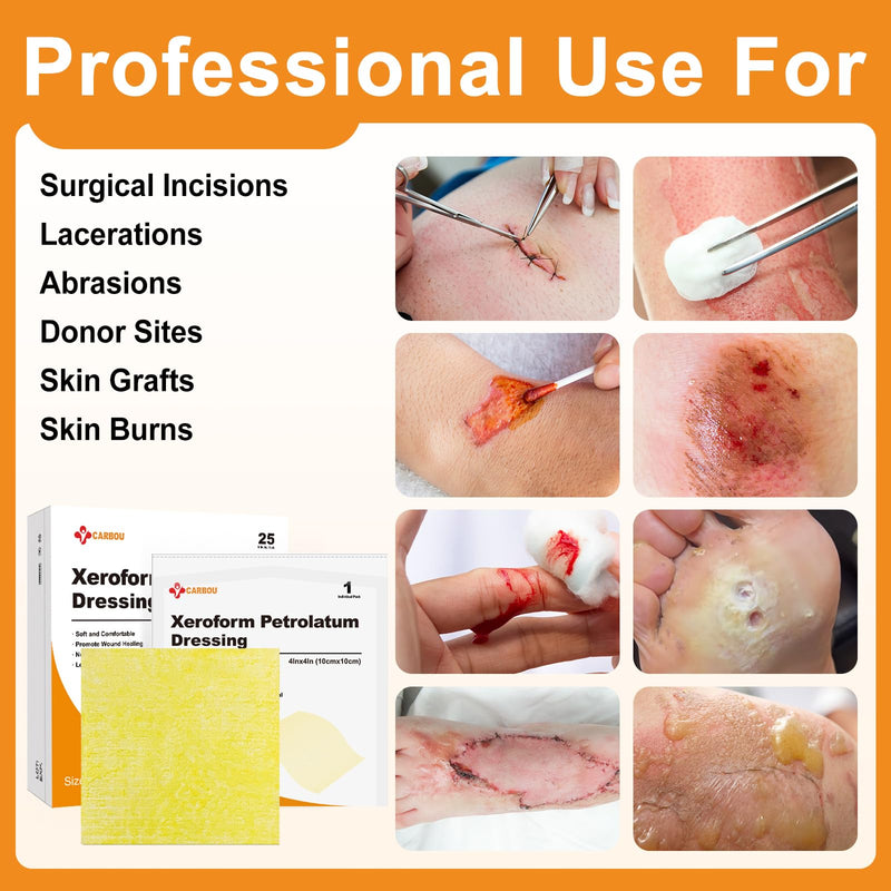 Carbou Medical Xeroform Petrolatum Dressing (4"x4" 25 Pack + 2"x2" 25 Pack)， Non-Adherent Gauze Pads, Soft Fine Mesh Gauze Patch for Wound Care, Burns, Lacerations, Skin Grafts & Surgical Incisions