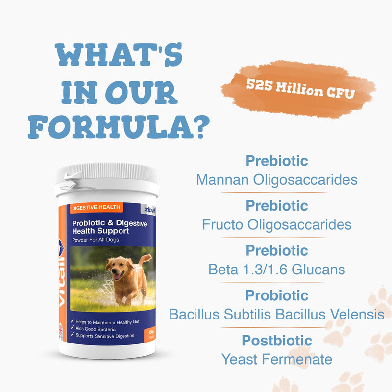 Zipvit Probiotics for Dogs, Daily Dog Probiotic Powder for Gut Health and Digestion, 525 Million CFU per Serving, with Prebiotics and Postbiotics, 150g
