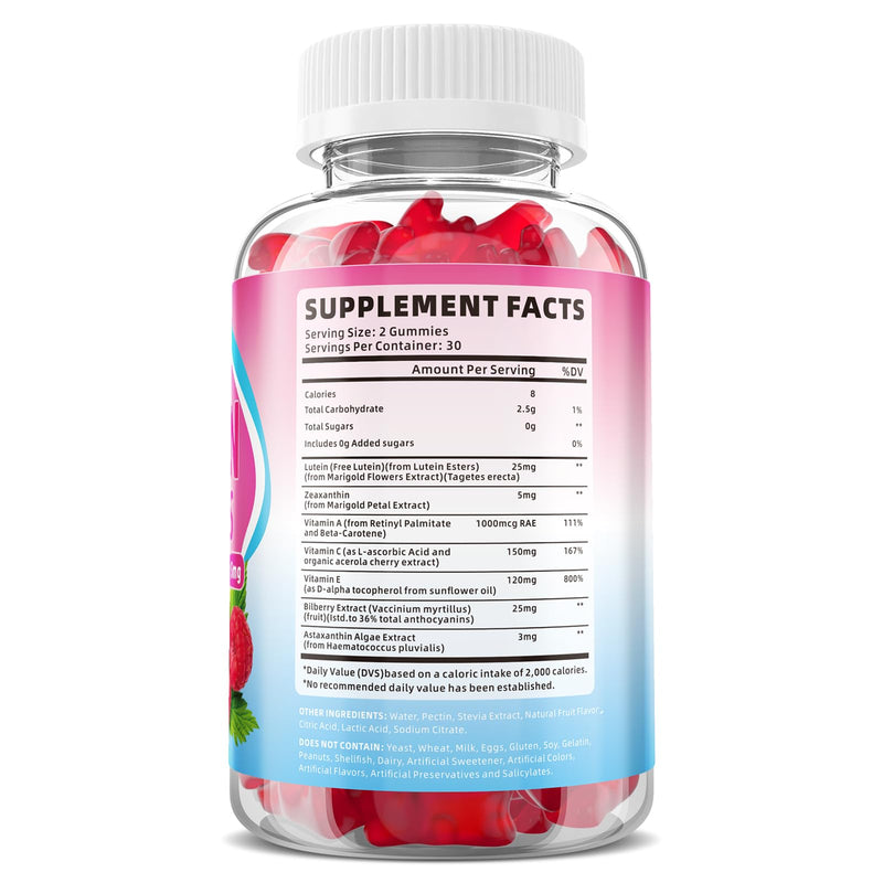 Lutein and Zeaxanthin Supplements, Lutein Gummies with Zeaxanthin,Vitamins A, C, E, Bilberry, Astaxanthin for Vision Health & Eye Strain, Sugar-Free/Vegan, Raspberry Flavor 120 Count 60 Count (Pack of 2)