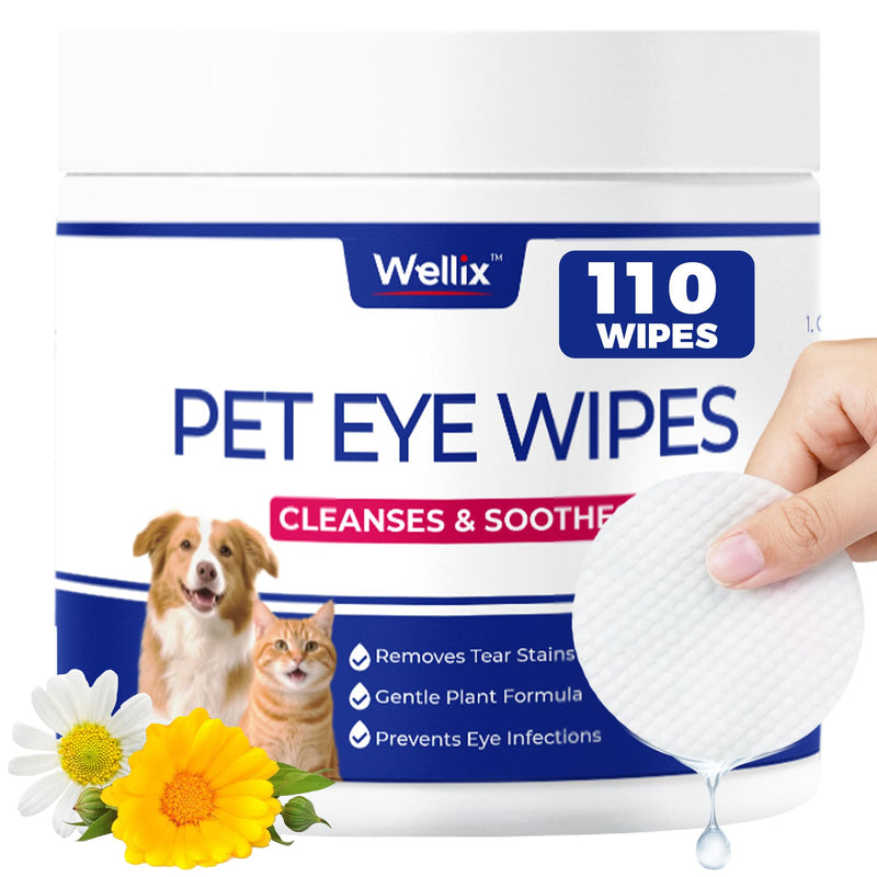 Wellix 110 Counts Dog & Cat Eye Wipes for Discharge and Crust - Pet Eye Wipes Tear Stain Remover for Dogs and Cats - Dog and Cat Grooming Wipes for Eyes, Wrinkle & Face - 3.15 Inches Extra Large 110 count-wipes