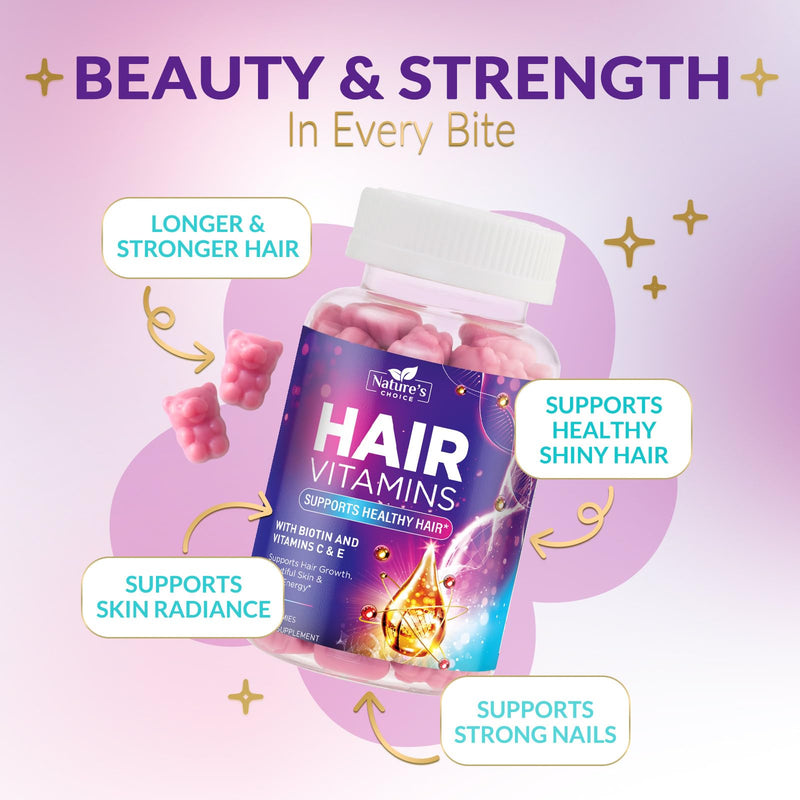 Hair Vitamins Gummies for Hair Growth - Hair, Skin & Nails Beauty Complex with 5000mcg Biotin per Serving - Supports Thicker, Stronger, Radiant-Looking Hair for Women & Men, Berry Flavor