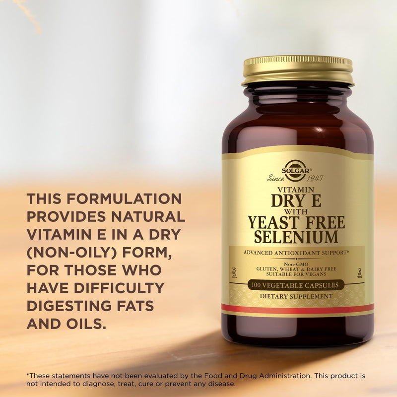 Solgar Dry Vitamin E with Yeast-Free Selenium - 100 Vegetable Capsules - Advanced Antioxidant Support - Non-GMO, Vegan, Gluten Free, Dairy Free, Kosher - 50 Servings 100 Count (Pack of 1)