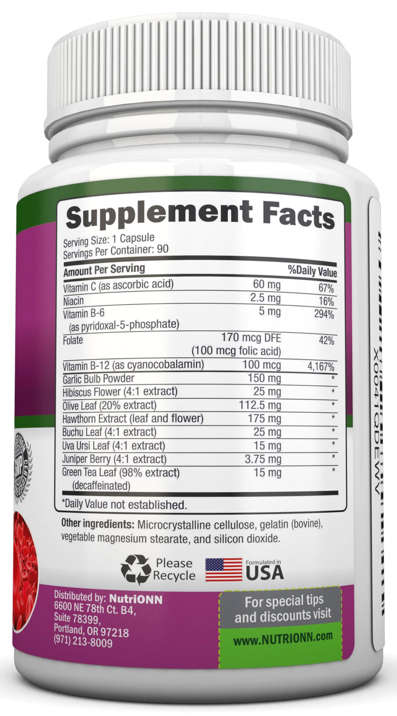 Blood Pressure Support Supplement - 13 Herbs & Vitamins - with Hawthorn, Hibiscus, Garlic & Olive Leaf Extract - Natural Supplement for Women & Men - High Strength Capsules - Non-GMO - 90 Day Supply