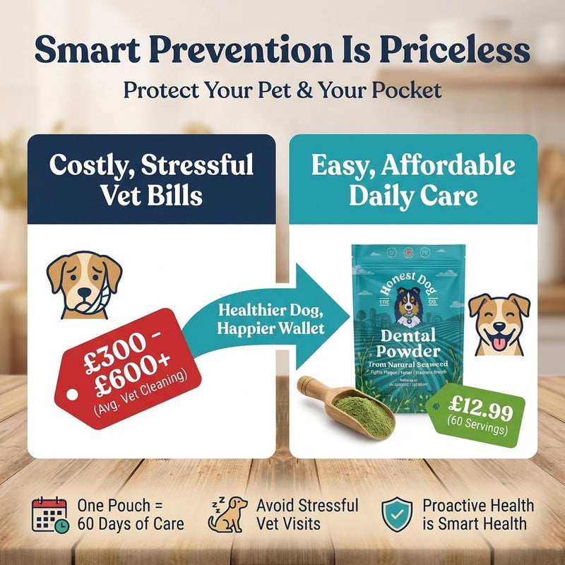 Honest Dog Co. Dental Powder for Dogs - Easy Seaweed Food Topper for Fresh Breath, Plaque & Tartar Removal | Natural Teeth Cleaning & Gum Health | Made in UK | 120g (up to 60 servings)