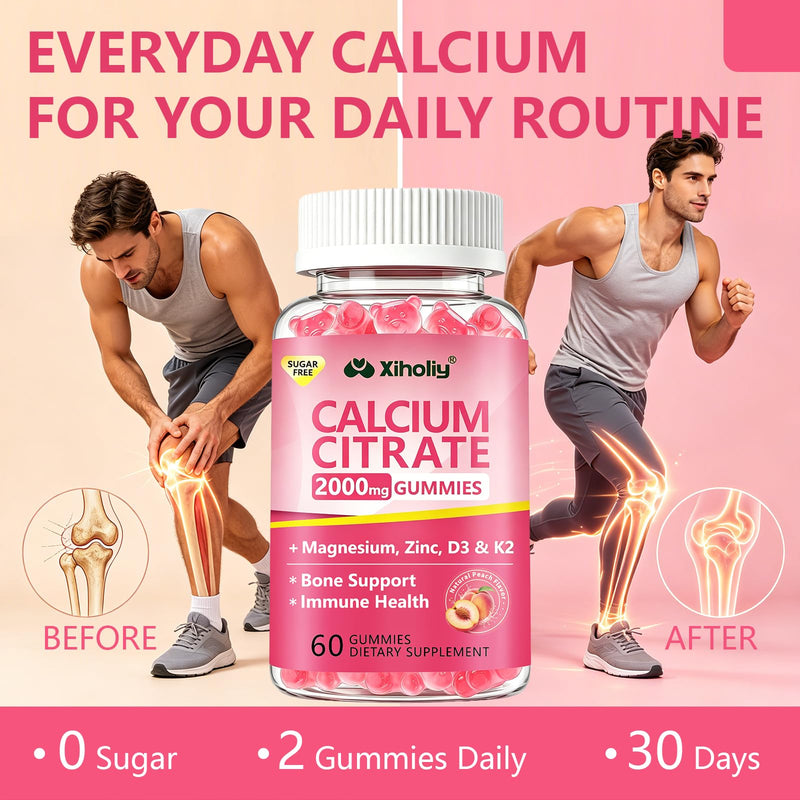 Calcium Citrate Gummies 2000 mg - Calcium Supplement for Women & Men,60 Ct | Plus Vitamin D3, K2, Magnesium, Zinc - High Absorption Supports Bone, Teeth & Immunity - Peach Flavor, Sugar-Free, Vegan 60 Count (Pack of 1)
