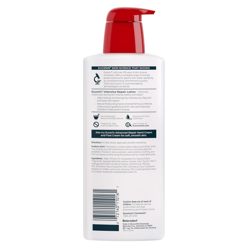 Eucerin Intensive Repair Body Lotion for Dry Skin with Alpha Hydroxy, Body Moisturizer for Very Dry Skin, Moisturizes, Exfoliates and Conditions, Fragrance Free and Paraben Free, 16.9 Fl Oz Bottle - BeesActive Australia