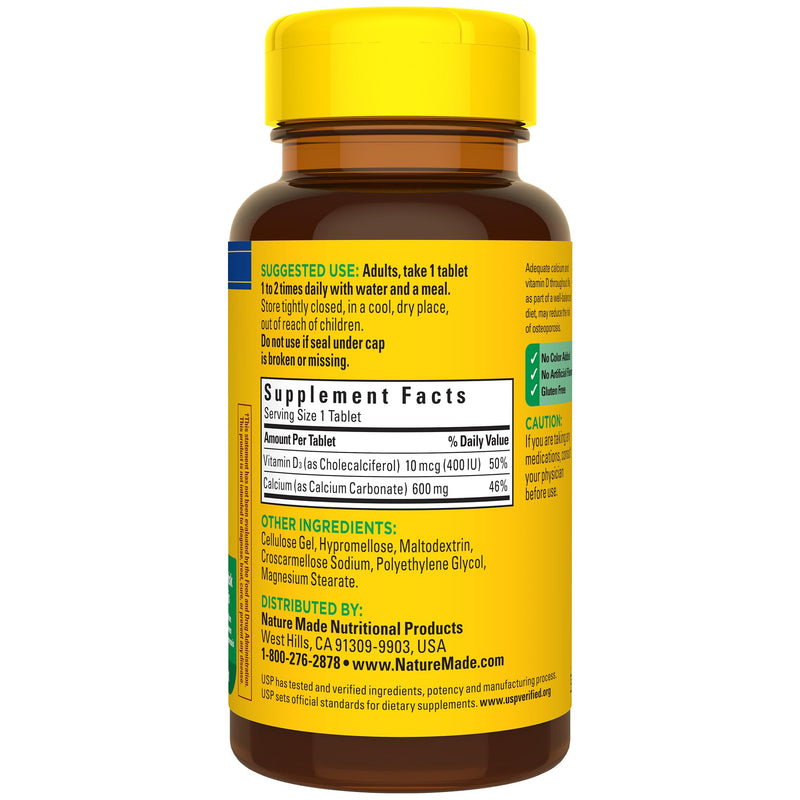 Nature Made Calcium 600 mg with Vitamin D3 for Bone Support, 60 Tablets | Calcium Supplement for Bone Health, Dietary Supplement with Calcium and Vitamin D Unflavored 60 Count (Pack of 1)