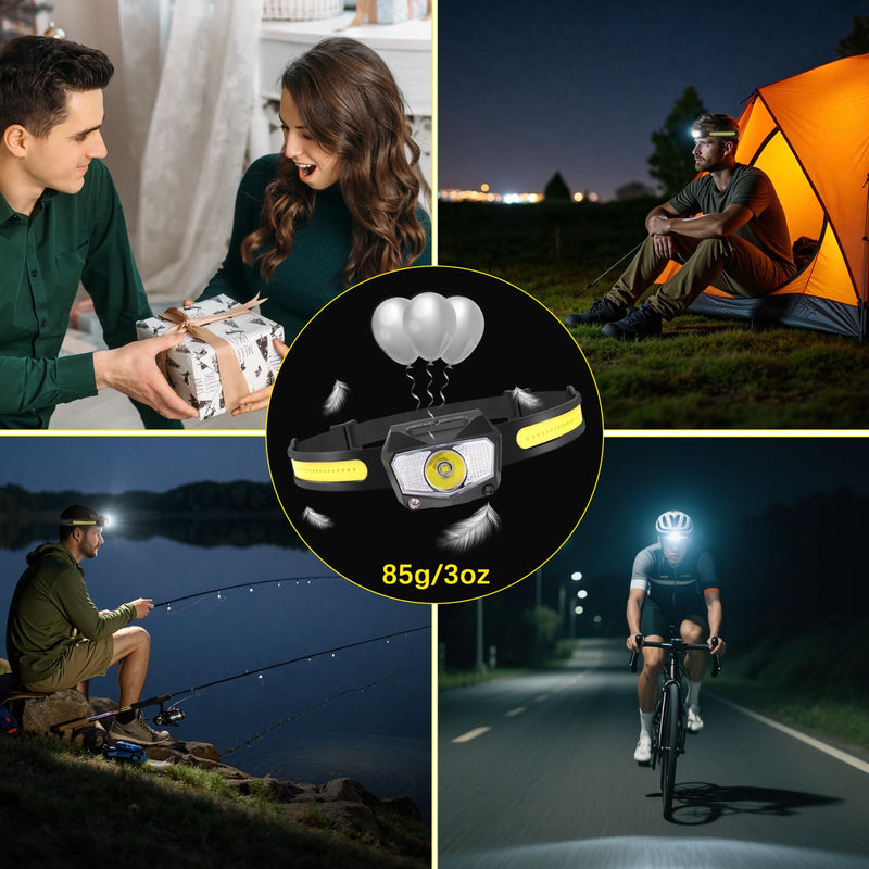 Headlamp Rechargeable 3Pack, 230°Wide Beam COB & 60° Super Birght LED Head Lamp with White Red Light, 7Mode Head Lights for Forehead with Motion Sensor, Headlamps for Adults Camping Running Hiking 3 Pack