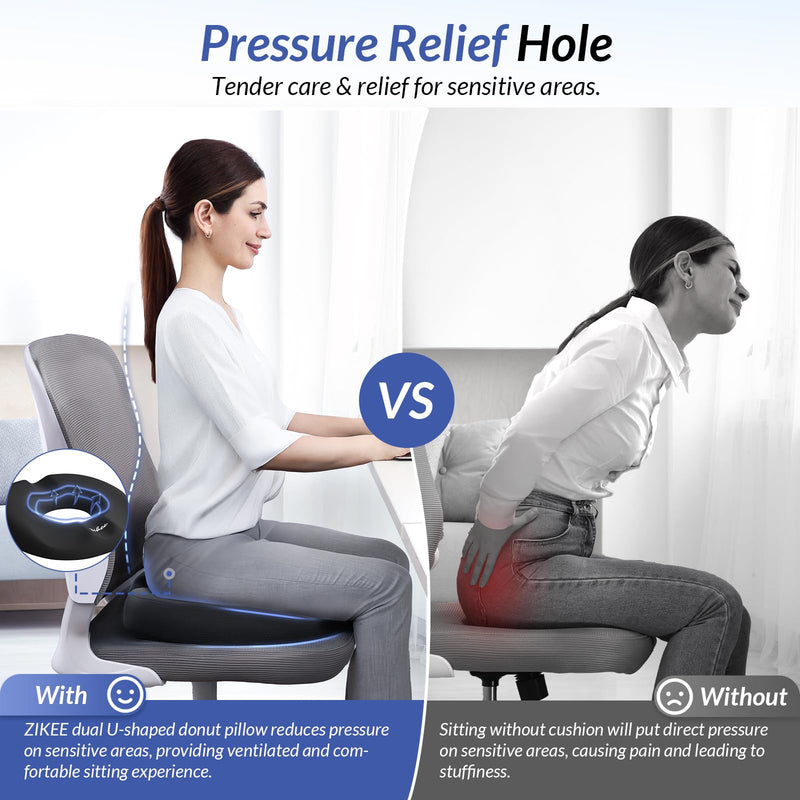 ZIKEE Dual U-Shaped Donut Pillow for Tailbone Pain, Hemorrhoid Pillow for Sitting with Pressure Relief Hole & Slope Design, Donut Seat Cushion for Coccyx, Postpartum & Post Surgery Sitting Relief Black