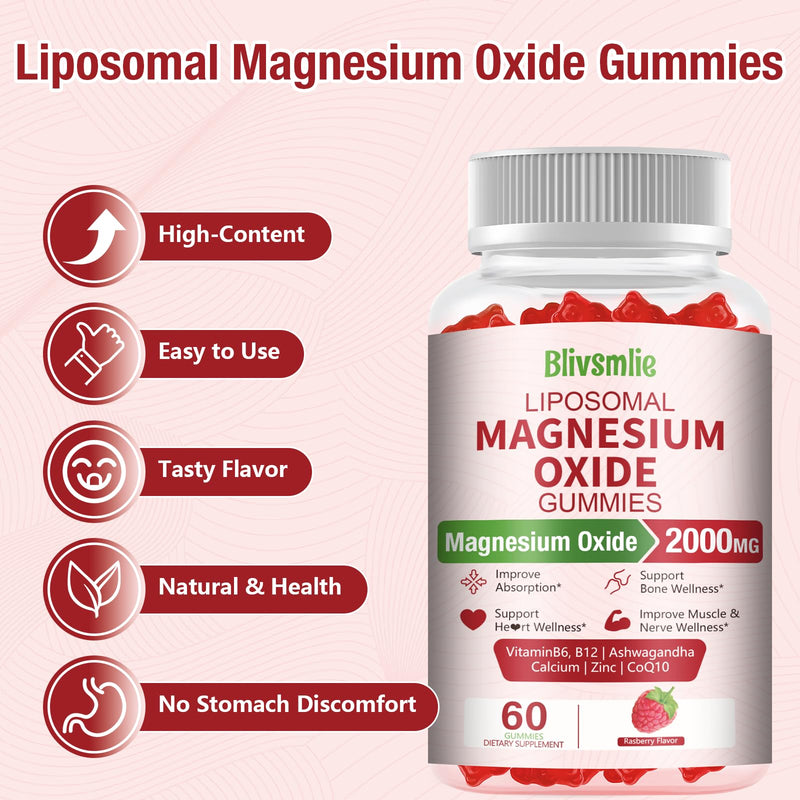 Liposomal Magnesium Oxide Gummies 2000mg Complex Ashwagandha,CoQ10, L-Theanine, L-5-MTHF, Methyl B12, Zinc for Sleep & Energy,Stress Relief,Heart Health,Neuro Support 60 Count (Pack of 1)