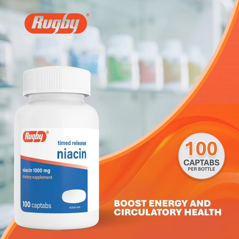 Rugby Timed-Release Niacin 1000mg Captabs for Adults, 100 Count (1-Pack) | Dietary Supplement for Energy, Circulation and Metabolism Support, Controlled Release to Help Minimize Flushing 100 Count (Pack of 1)