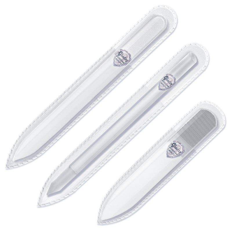 GLADZY Czech Glass Nail File Set with Glass Nail Shiner & Cuticle Pusher– 3 pcs Manicure Kit with Case, Multi-Functional Nano Buffer, Manicure Stick, Etched Crystal File for Natural Nails, Made in EU Shiner Set - With Cuticle Pusher - BeesActive Australia