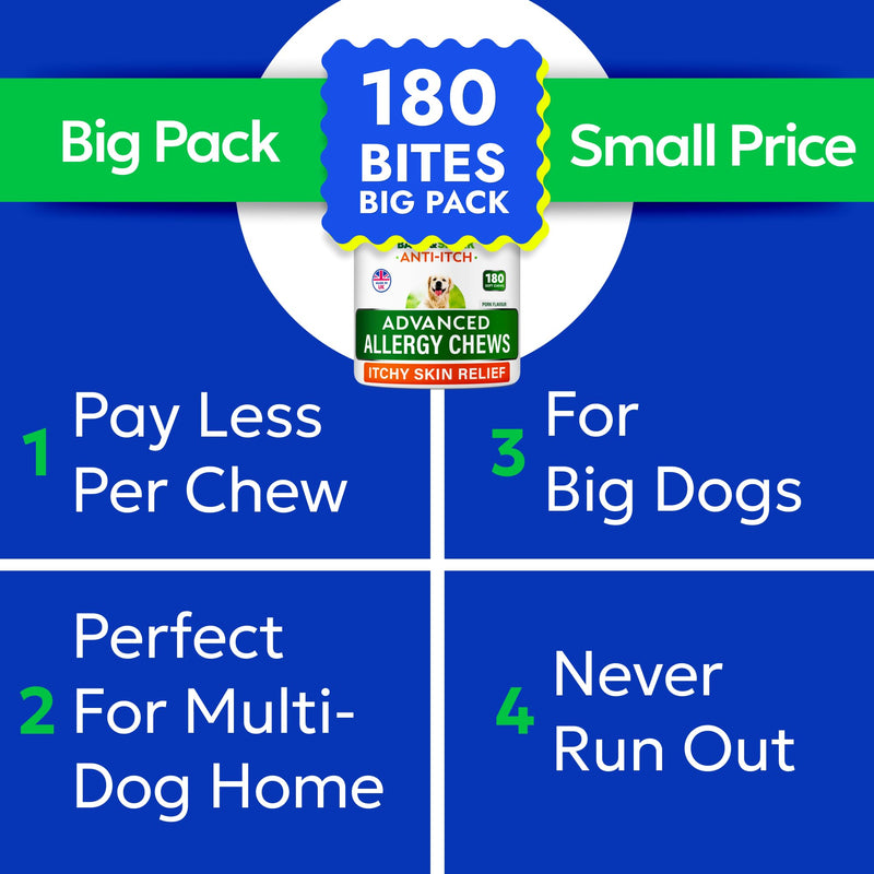 BARK&SPARK Dog Itch & Allergy Support Chews - Skin & Coat Supplement - Omega 3 Fish Oil -Itching & Paw Licking - Dry Skin & Hot Spots - 180ct - Grilled Pork 180 Soft Chews