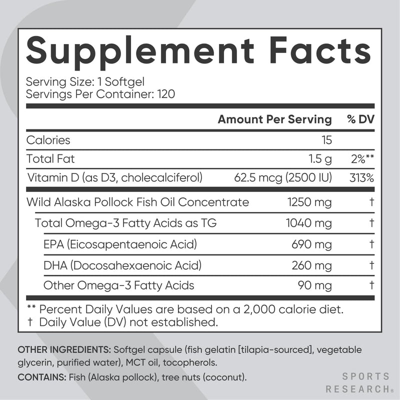 Sports Research¬Æ Alaskan Omega-3 Fish Oil 1040mg + Vitamin D3 2500iu - Supports Brain & Heart Health - MSC Certified Sustainable ¬∑ Wild-Caught ¬∑ Non-GMO ¬∑ Triglyceride Form - 120 Count Softgels - BeesActive Australia