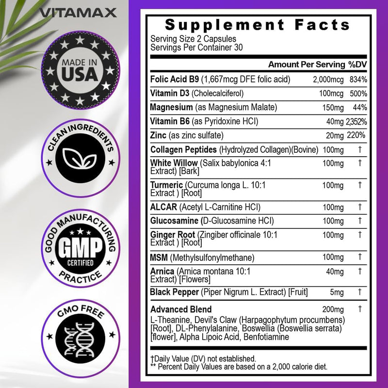 Sciatic Nerve Health Support - Sciatic Nerve Supplement Capsules with Folic Acid, Pea, Glucosamine, MSM, Vitamin B Complex, Alpha Lipoic Acid 300mg – 60ct – Made in USA 60 Count (Pack of 1)