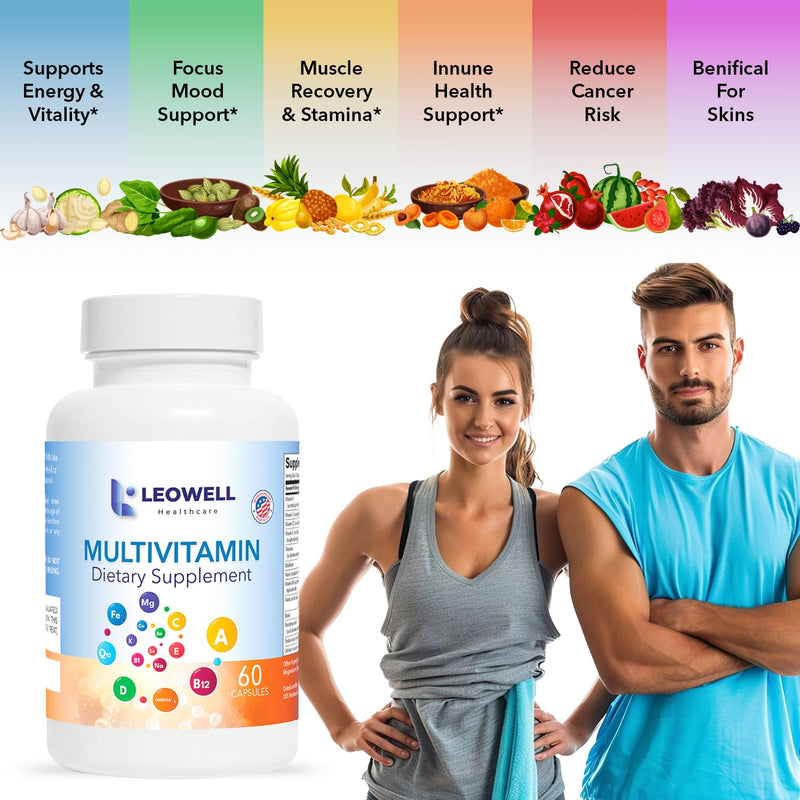 Leowell Multivitamin for Men & Women Daily Vitamin & Mineral Complex with Vitamin A, C, D, E, B-Complex, Zinc, Iron & Magnesium Immune & Energy Support 60 Capsules