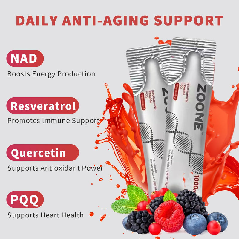 NAD Supplement 1000mg Liquid with NR, Resveratrol & PQQ, 30 Packets | NAD Plus Liquid Supplement with NR, Resveratrol & PQQ; NAD+ Supports Cellular Energy & Healthy Aging for Men & Women 0.35 Fl Oz (Pack of 30)