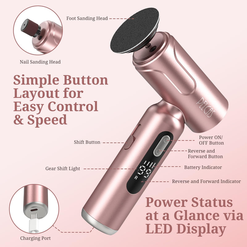 PELCAS Electric Foot Callus Remover with LED Screen, 2 in 1 Manicure & Pedicure Kit, 100 PCS Sandpapers Electric Foot File for Women & Men, Cordless Feet Filer for Foot Callus, Thick Nails Pink - BeesActive Australia
