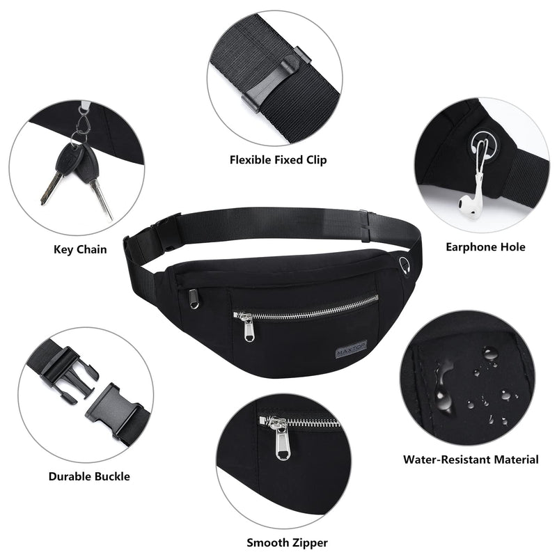 MAXTOP Large Crossbody Fanny Pack with 4-Zipper Pockets,Gifts for Enjoy Sports Festival Workout Traveling Running Casual Hands-Free Wallets Waist Pack Phone Bag Carrying All Phones Black(Washed Nylon with Silver Metal Zipper)