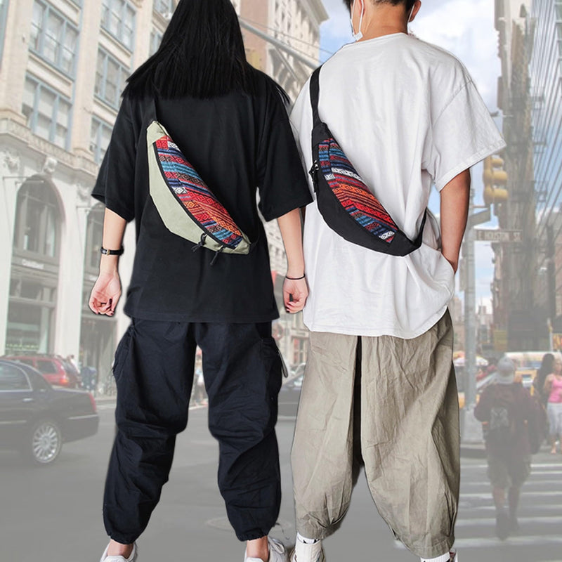 Ethnic Canvas Fanny Pack for Men and Women – Unisex Boho Bum Waist Bags with Zipper Pockets, Hands-Free Sling Crossbody Purse Adjustable Strap Travel Streetwear Hiking Camping Shopping Outdoor (Black) Black
