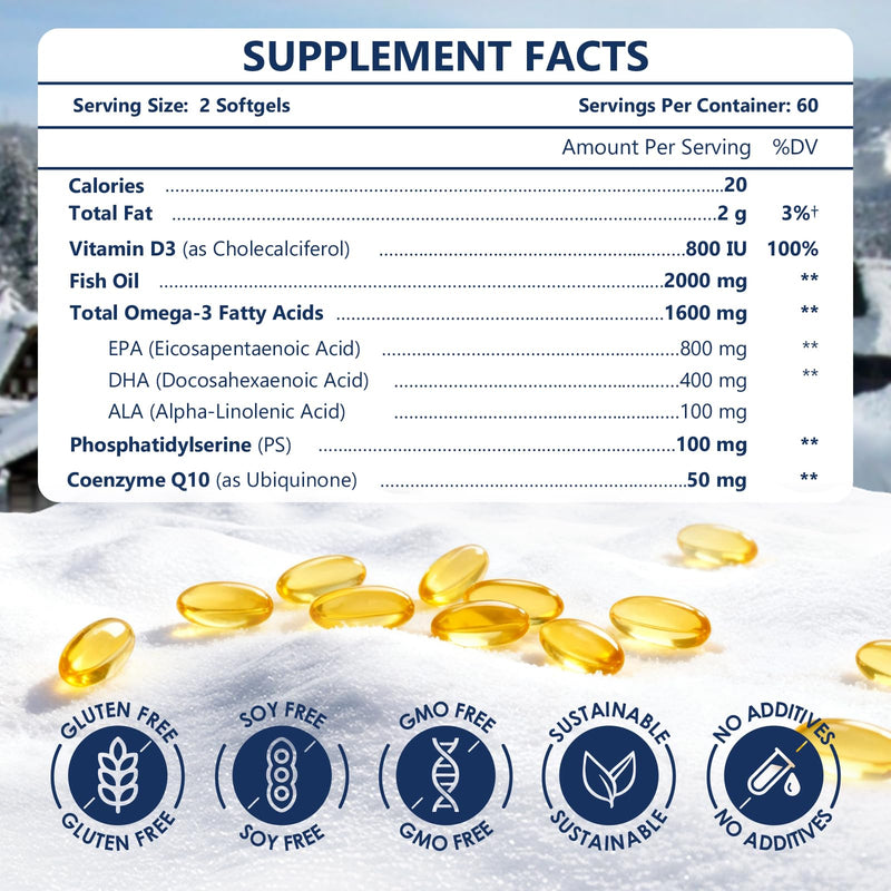 NATURE TARGET Omega 3 Fish Oil 2000mg, 120 Softgels | High-Purity EPA DHA with PS & CoQ10, Heart Health & Brain Function Support, Advanced Absorption, Non-GMO 120 Count (Pack of 1)