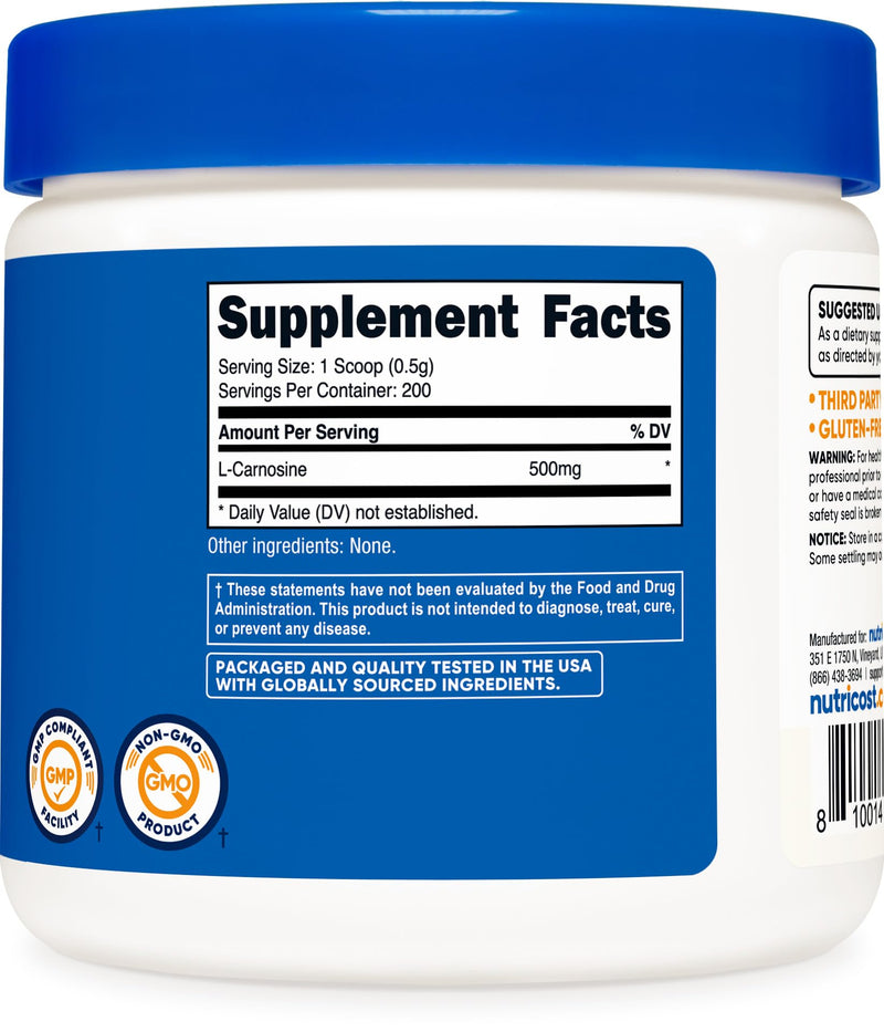 Nutricost L-Carnosine Powder 100 Grams (200 Servings) - Non-GMO 3.5 Ounce (Pack of 1)