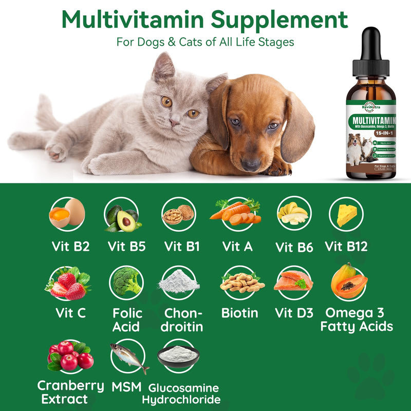 Dog Vitamins and Supplements - Dog Multivitamin Liquid Drops, 15 in 1 Pet Vitamins Supplement for Dogs & Cats - Support Joint, Gut, Immune, Digestion, Heart, Skin & Coat, 2 Fl Oz - BeesActive Australia