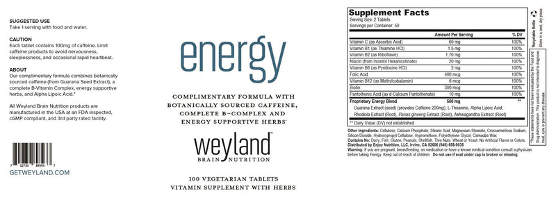 Energy | Complimentary Formula w/Botanically Sourced Caffeine | Complete B-Complex & Energy Supportive Herbs (Pack of 2) 100 Count (Pack of 2)