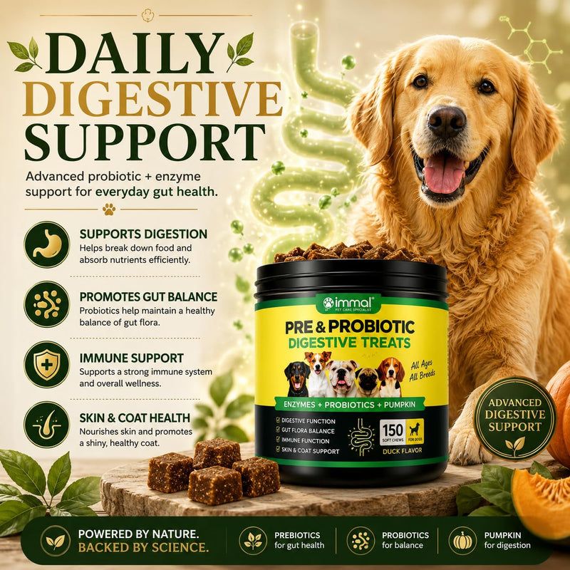 Probiotics for Dogs, 150 Chews, Digestive Support, Gut Health, Diarrhea & Itchy Skin Relief, Pre & Probiotic Digestive Treats for Dogs, Enzymes, Allergy Support, All Breeds Duck Flavour