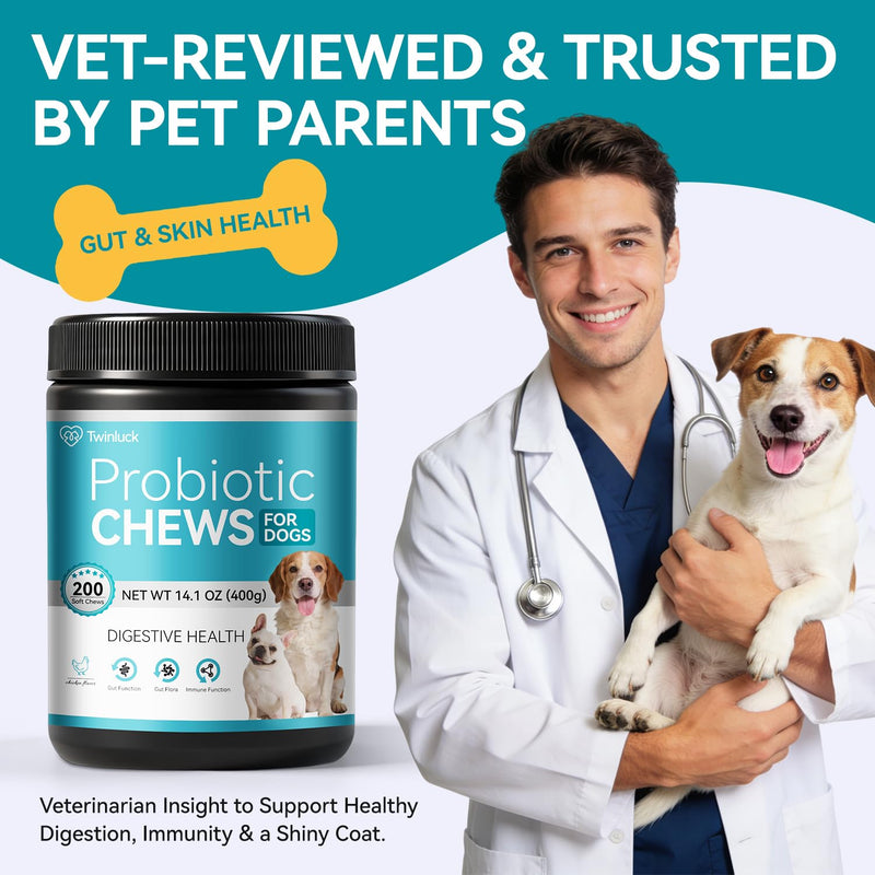Probiotics for Dogs, 200 Soft Chews with Digestive Enzymes and Prebiotics, Daily Digestive Support for Gut Health and Stool Balance, Chicken Flavor 200 Chews