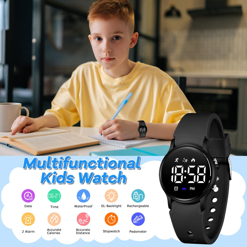 BEN NEVIS Kids Watch for Boys Girls Waterproof Digital Watch for Kids with Pedometer, Vibration Alarm Clock, Stopwatch, Calendar, No App for Ages 5-18 01-Black