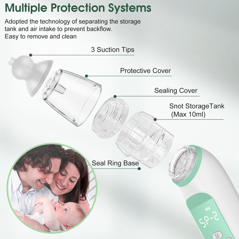 Electric Nose Suction for Baby,Baby Nose Aspirator with 3 Suction Levels and 3 Silicone Tips Fit 0-24 Months Infant ,Soothing Music & Light Distracts Help Toddler During Sick Days,Green. Green